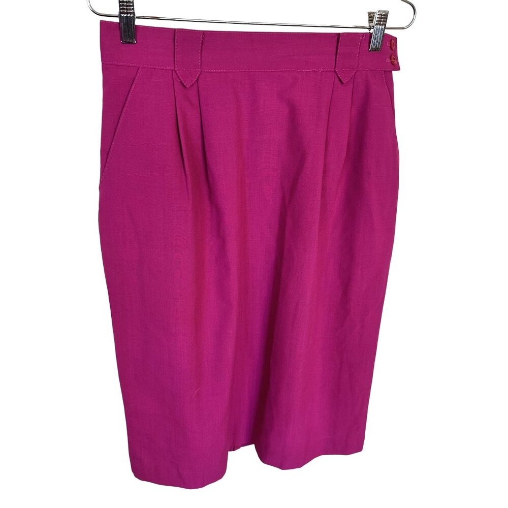 Vtg Womens Pink Pencil Skirt High Waisted Fuchsia 80s Barbie Belted USA Pockets